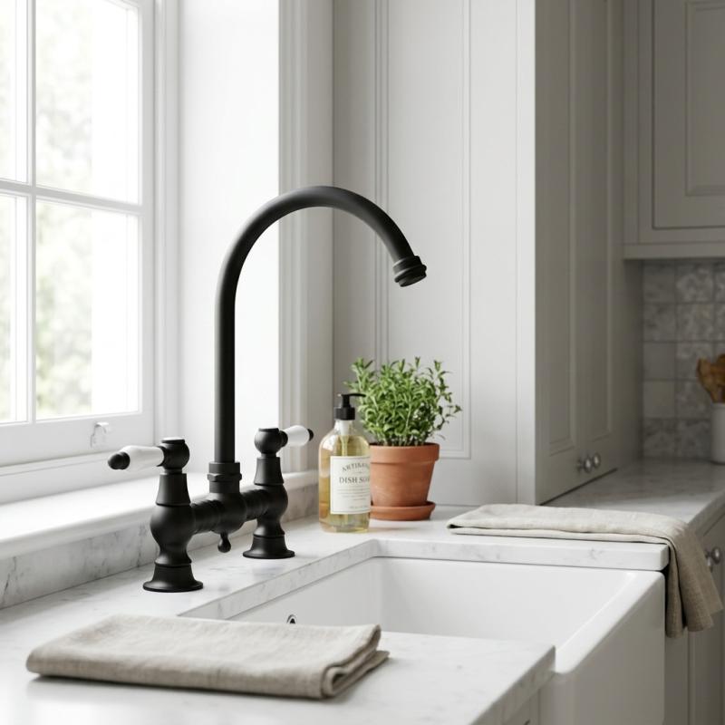 Aquanello Heritage Manor Klassieke Keuken Nostalgische Brug Keukenkraan Zwart met Witte Hendel en Ronde Uitlop BL-4001-HA